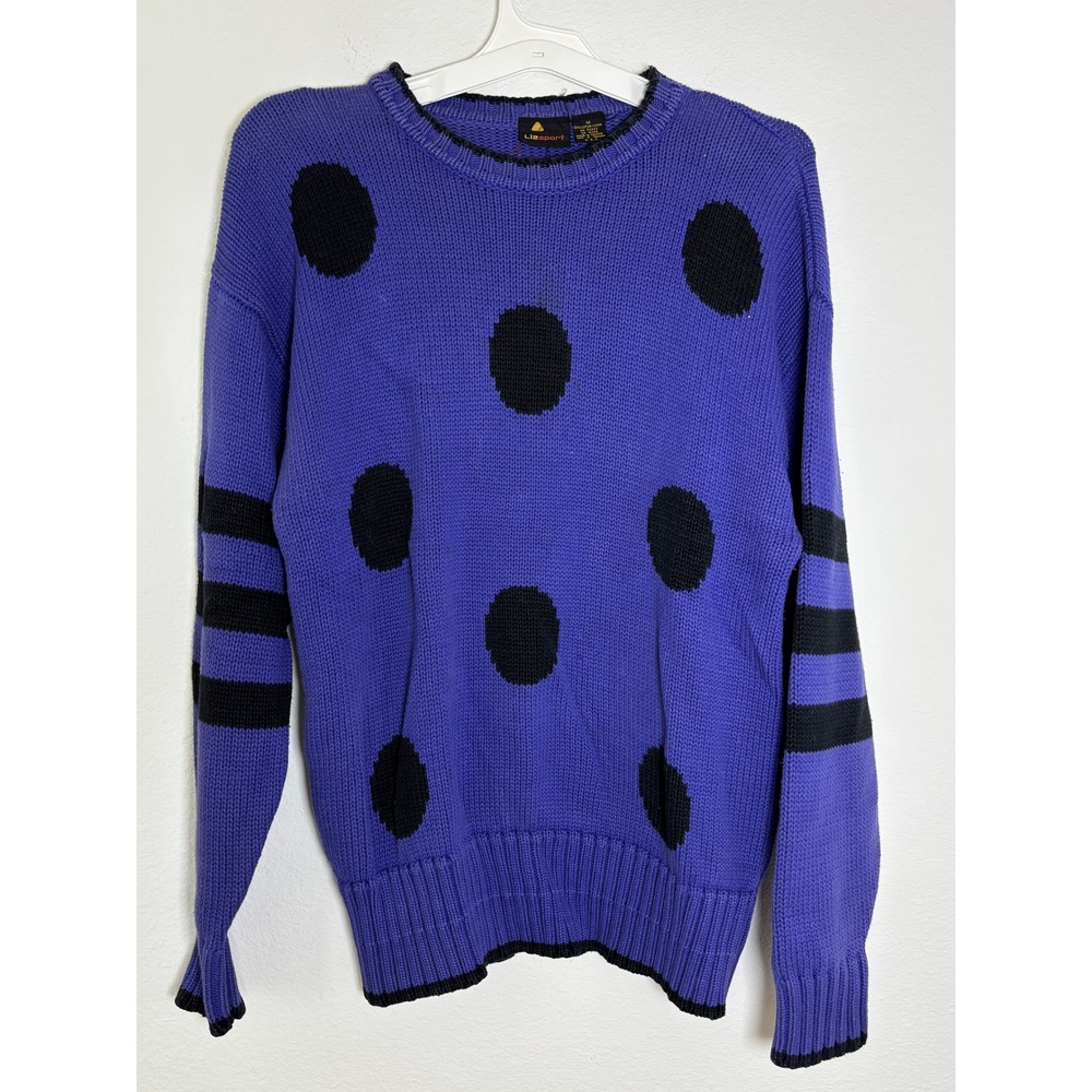Lizsport‎ Vintage Purple Polka Dot Striped Cotton Knit Sweater Womens Medium